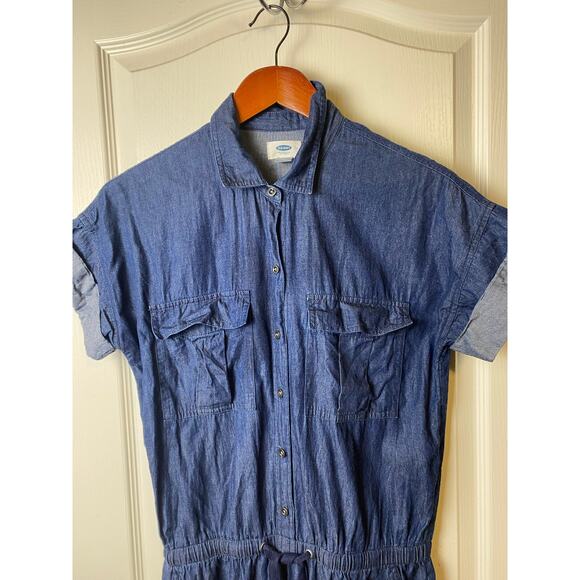 Old Navy Denim Chambray Jumpsuit | Utility Drawstring Waist Short Sleeve Small - Picture 4 of 9